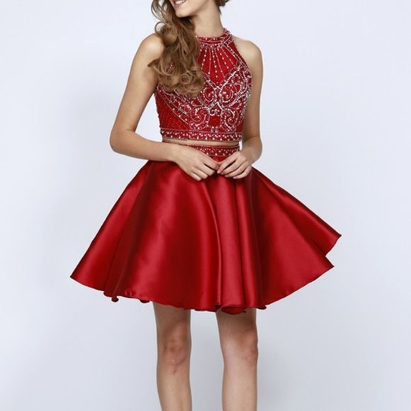 NEW BURGUNDY PROM PARTY EVENING Short Cocktail Jeweled Scoop Neck Dress JT811 - Picture 1 of 4